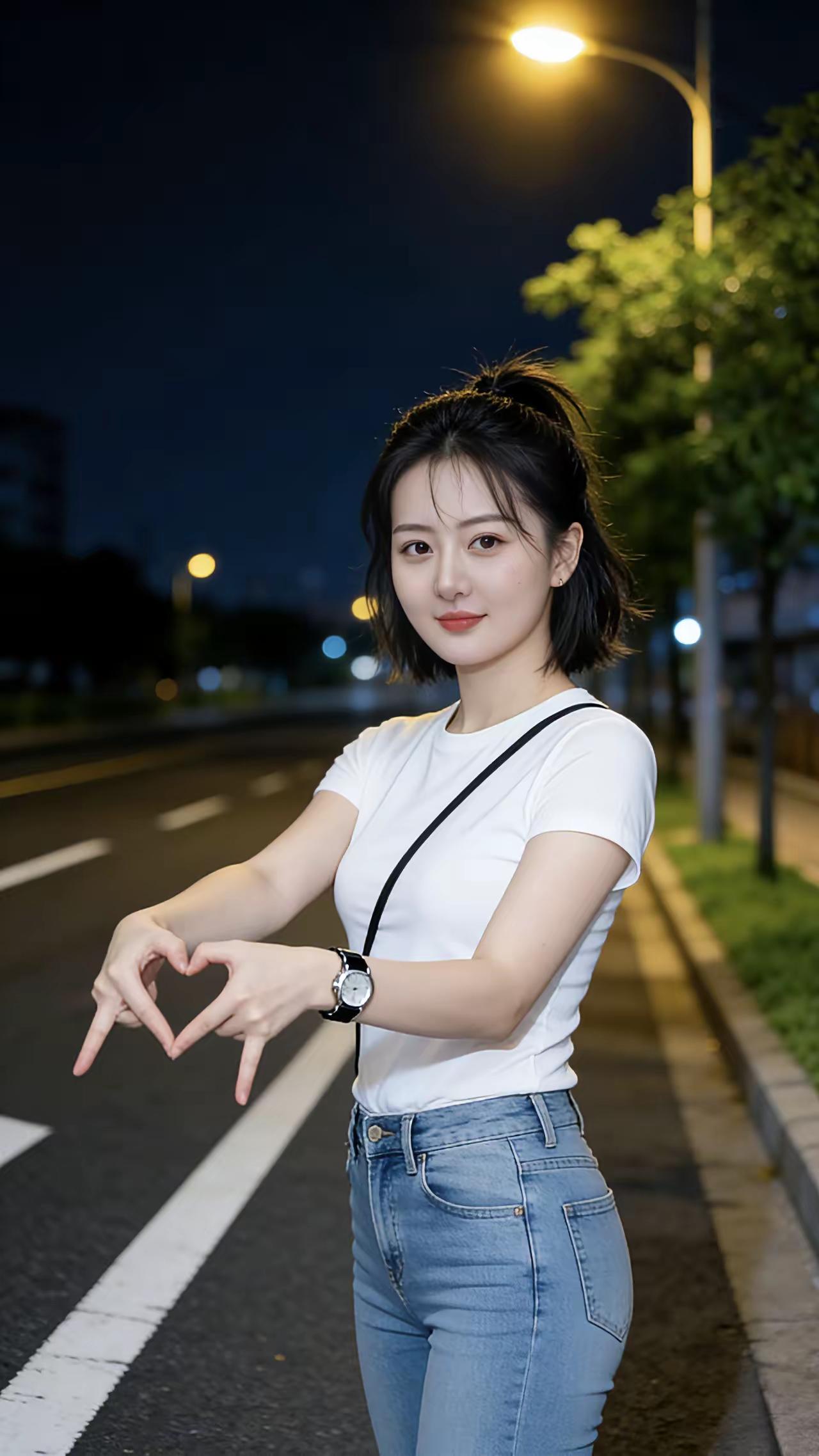 夜晚街头的少女，微笑比心，浪漫氛围满满！🌃💖✨