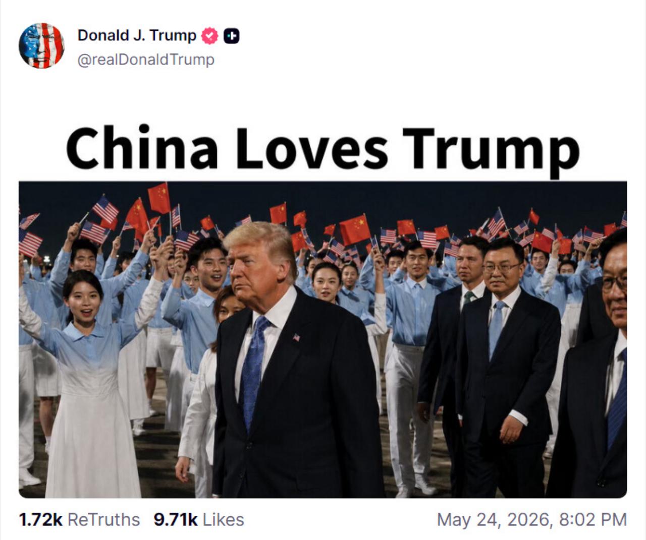 特朗普果然聪明，连续两天发同一张图片，上面写着：中国爱特朗普！看样子，前些