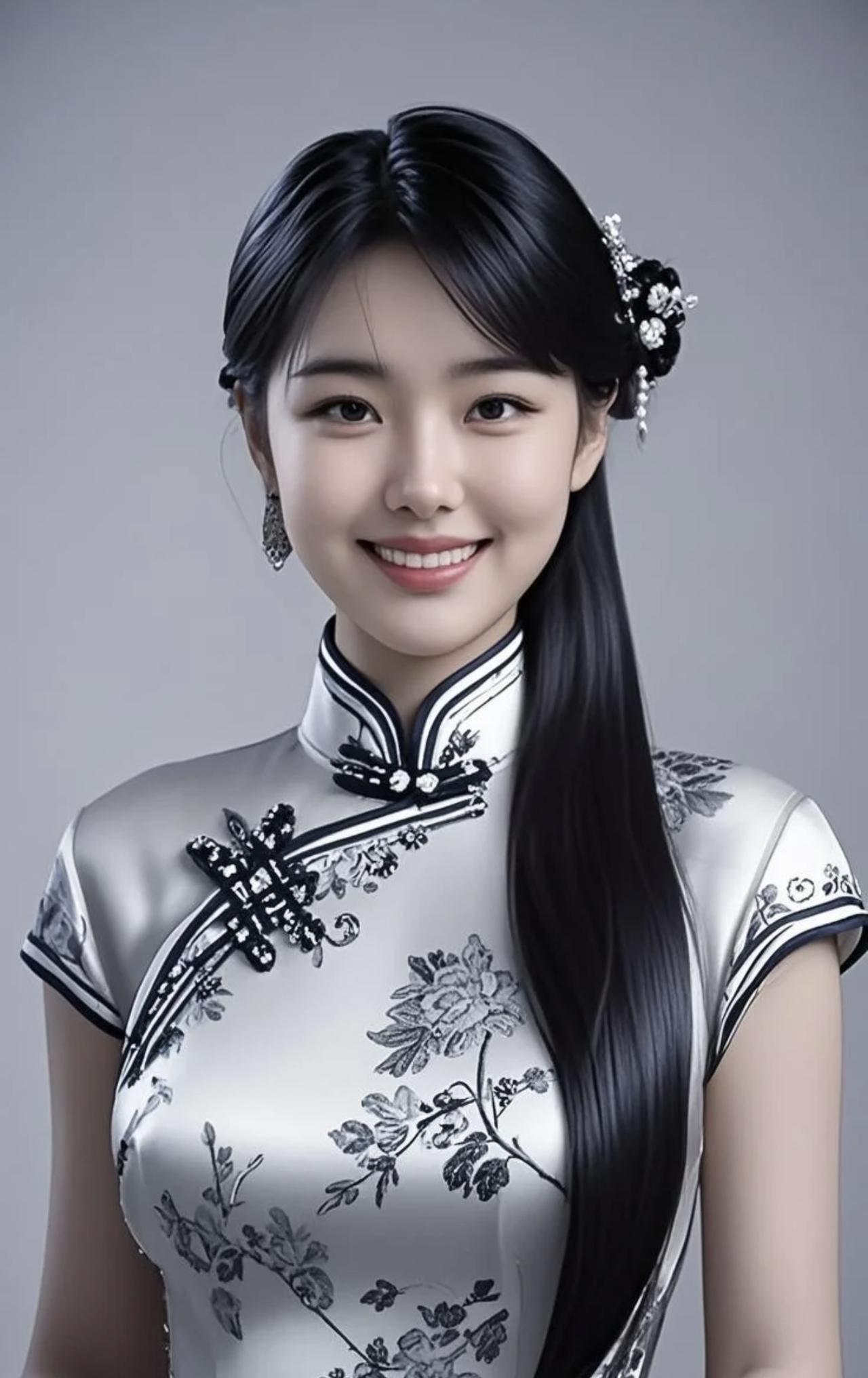七律·赞俊俏姑娘青丝垂瀑衬旗袍，笑靥含春韵自高。鬓畔簪花添雅致，襟前绣蕊竞妖