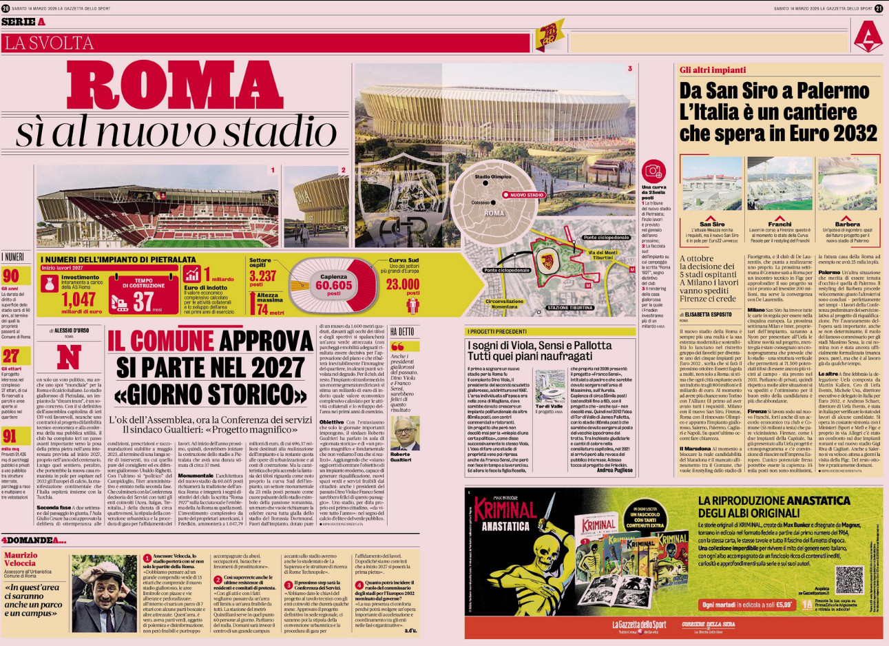 米体用了一整版介绍罗马新球场项目，解答了大家最关心的几个问题：昨天的投票通过意味