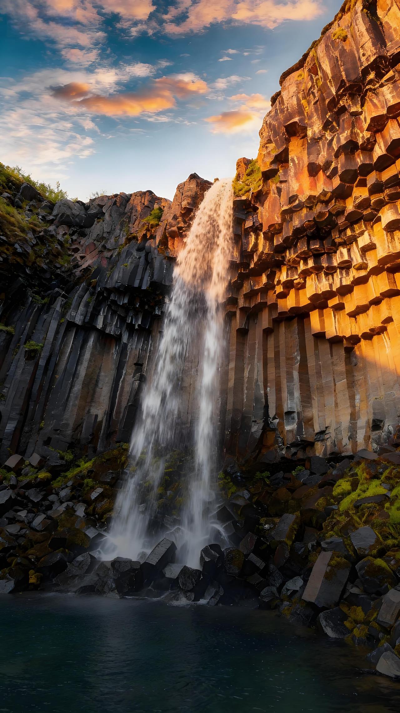 斯瓦蒂佛斯瀑布是柱状玄武岩结构，落差约12米，水流从深色六边形玄武岩柱构成的悬崖