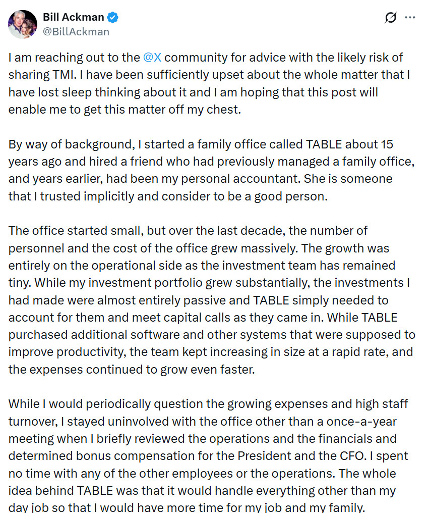 亿万富翁+知名对冲基金经理BillAckman，在X上发长文控诉，她