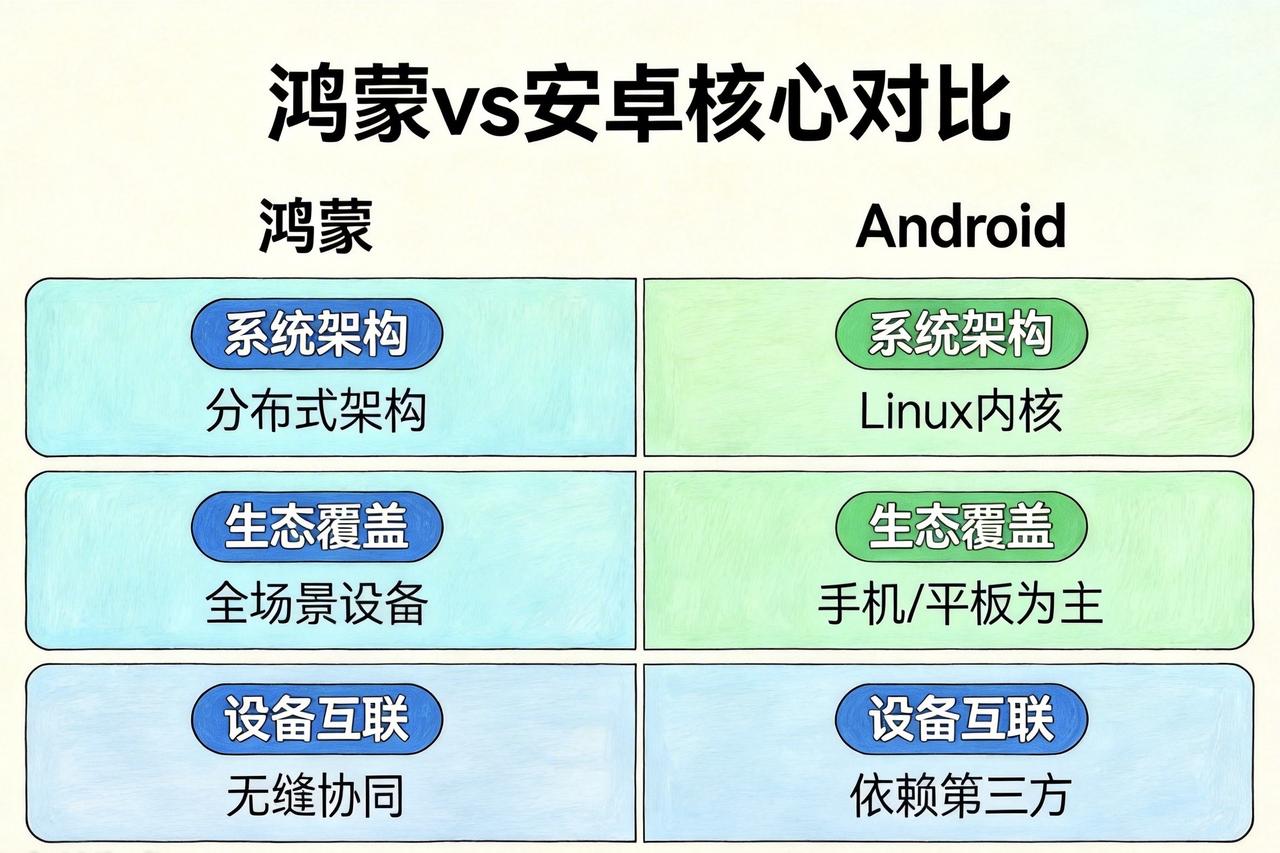 ＃鸿蒙系统跟安卓系统有什么区别了你可以把鸿蒙和安卓的区别，想象成“一间全能样板