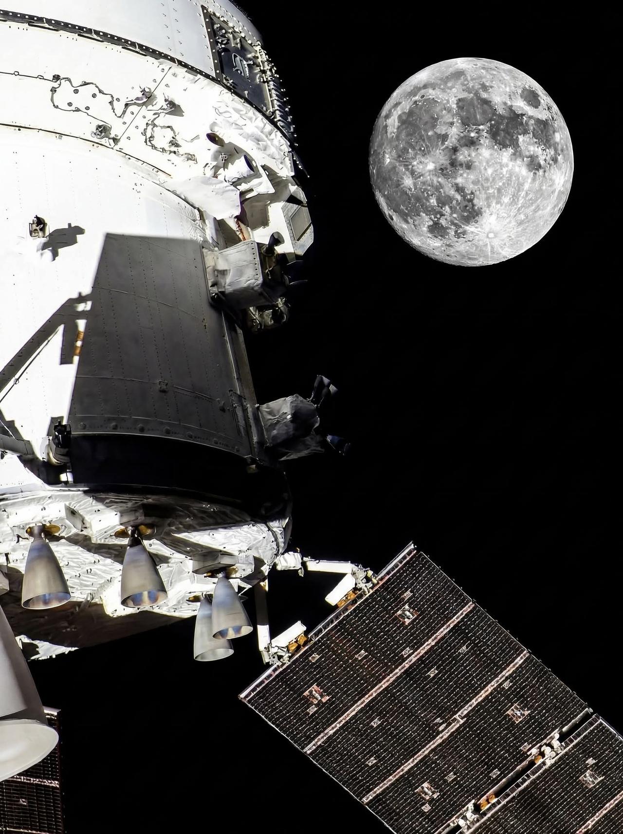 由猎户座飞船外自带摄像机自拍与月球同框，阿尔忒弥斯二号的宇航员们离目的地越来越近