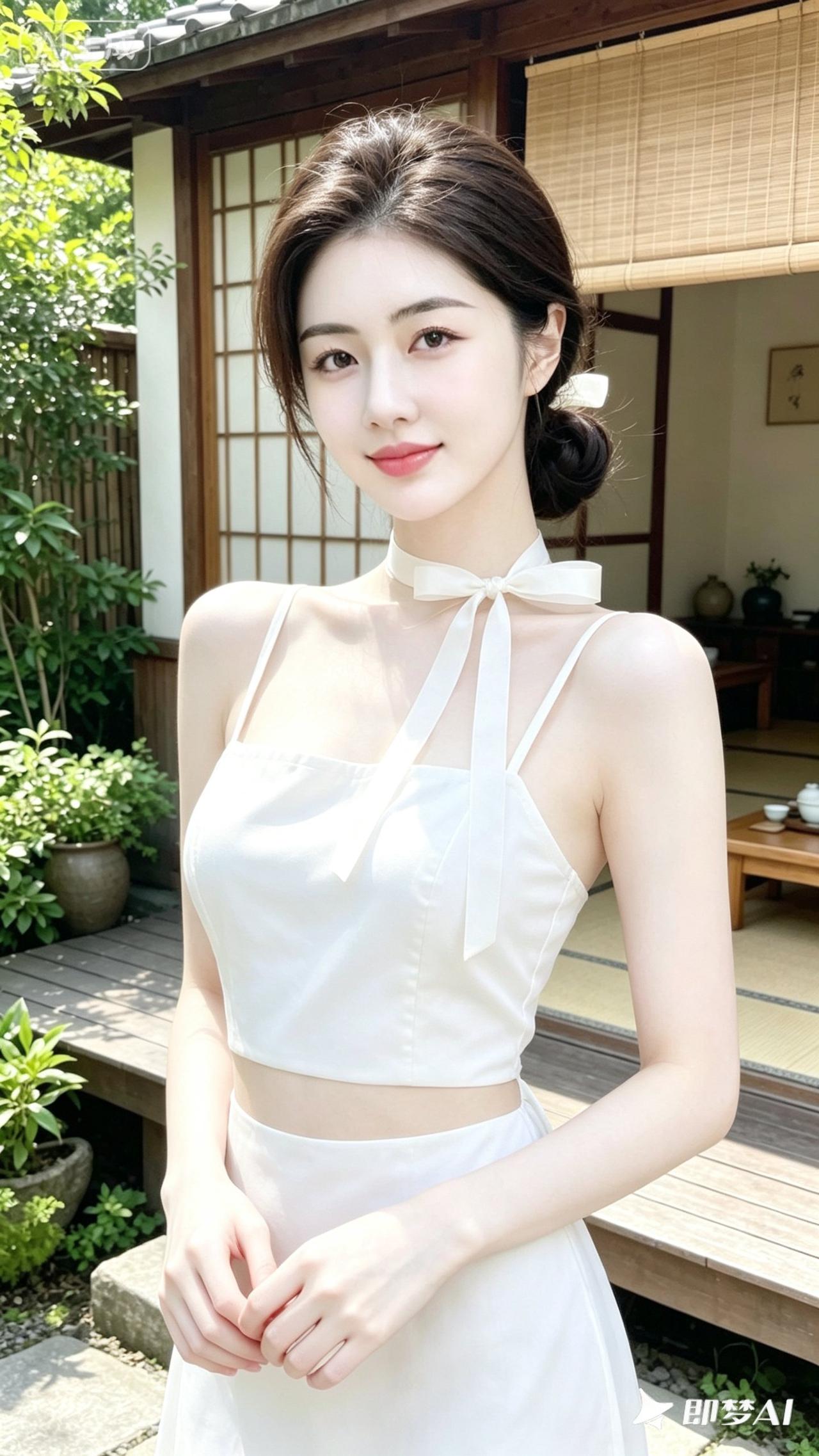 清新夏日穿搭，白色系带背心搭配高腰裙，优雅自然。