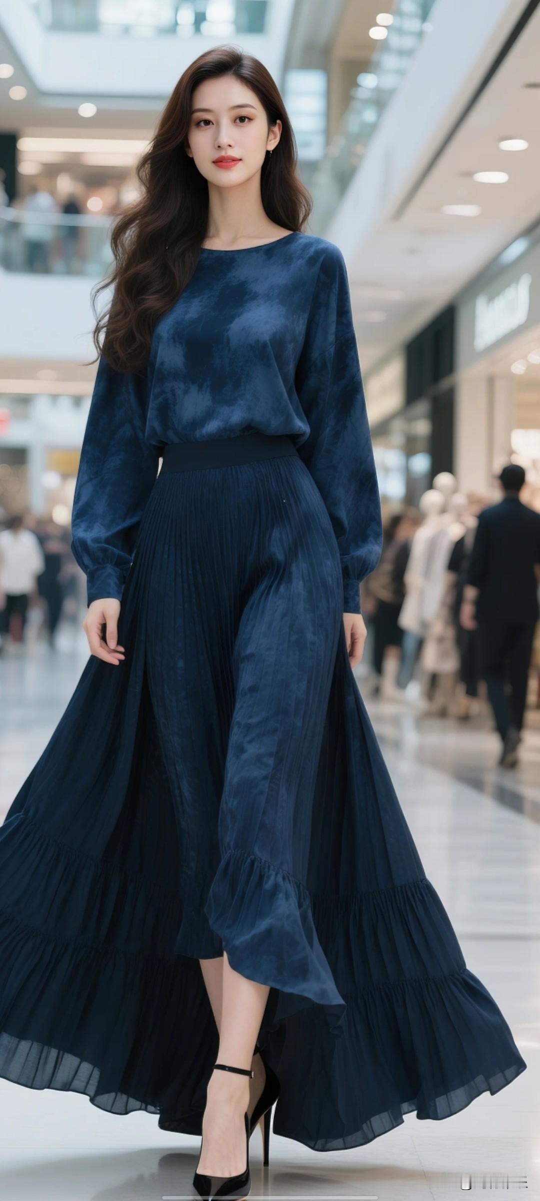 女生留着黑棕色长卷发，身穿藏青色蜡染宽松休闲长袖上衣，宽松拖地长裙，皱褶大裙摆，