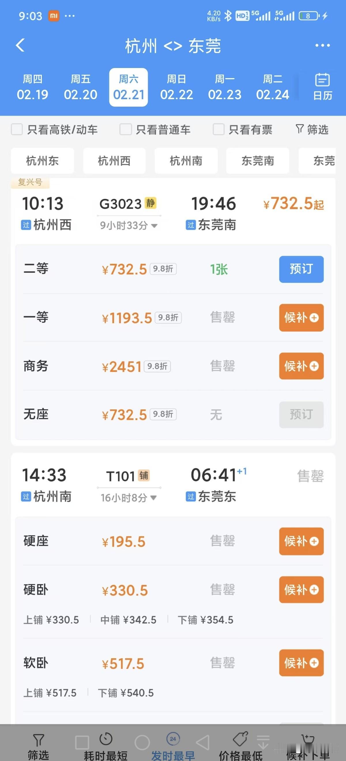 还是绿皮火车更具性价比！儿子打算2月21号来东莞休假。从杭州到东莞，动车票一