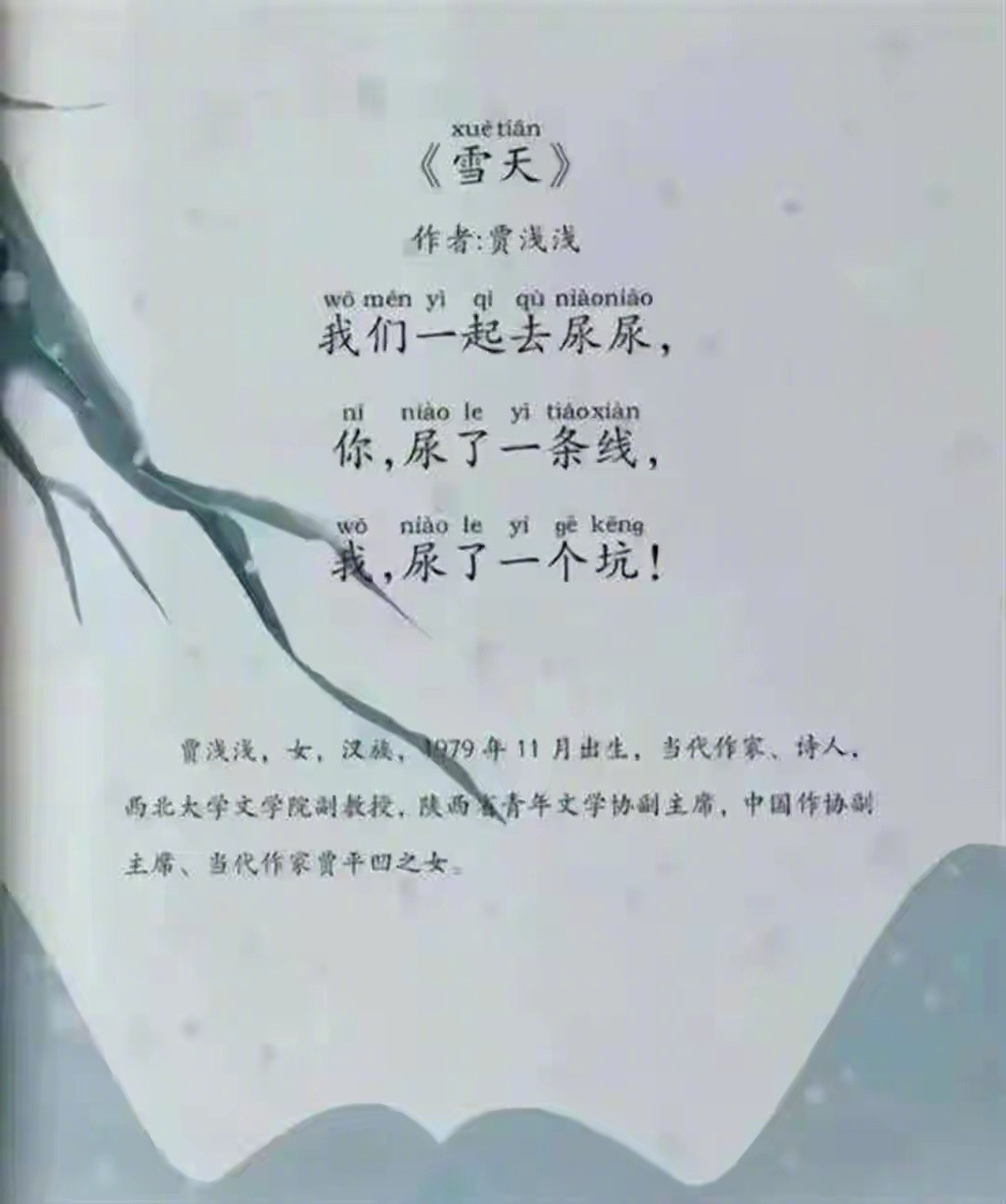 贾平凹的女儿贾浅浅，前些年以屎尿诗作闻于世。她除了这些“通俗易懂”的口水诗，其它