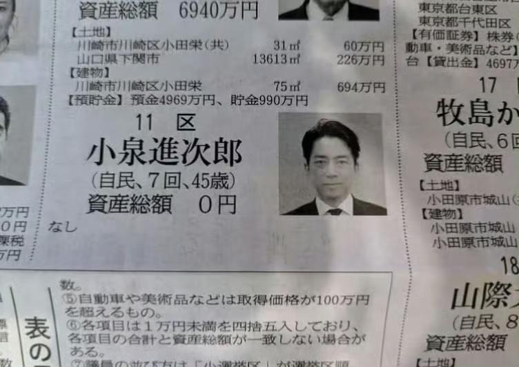 这个图火了！日本官员小泉進次郎（自民、7回、45歳）資産総額0円，来自日本众