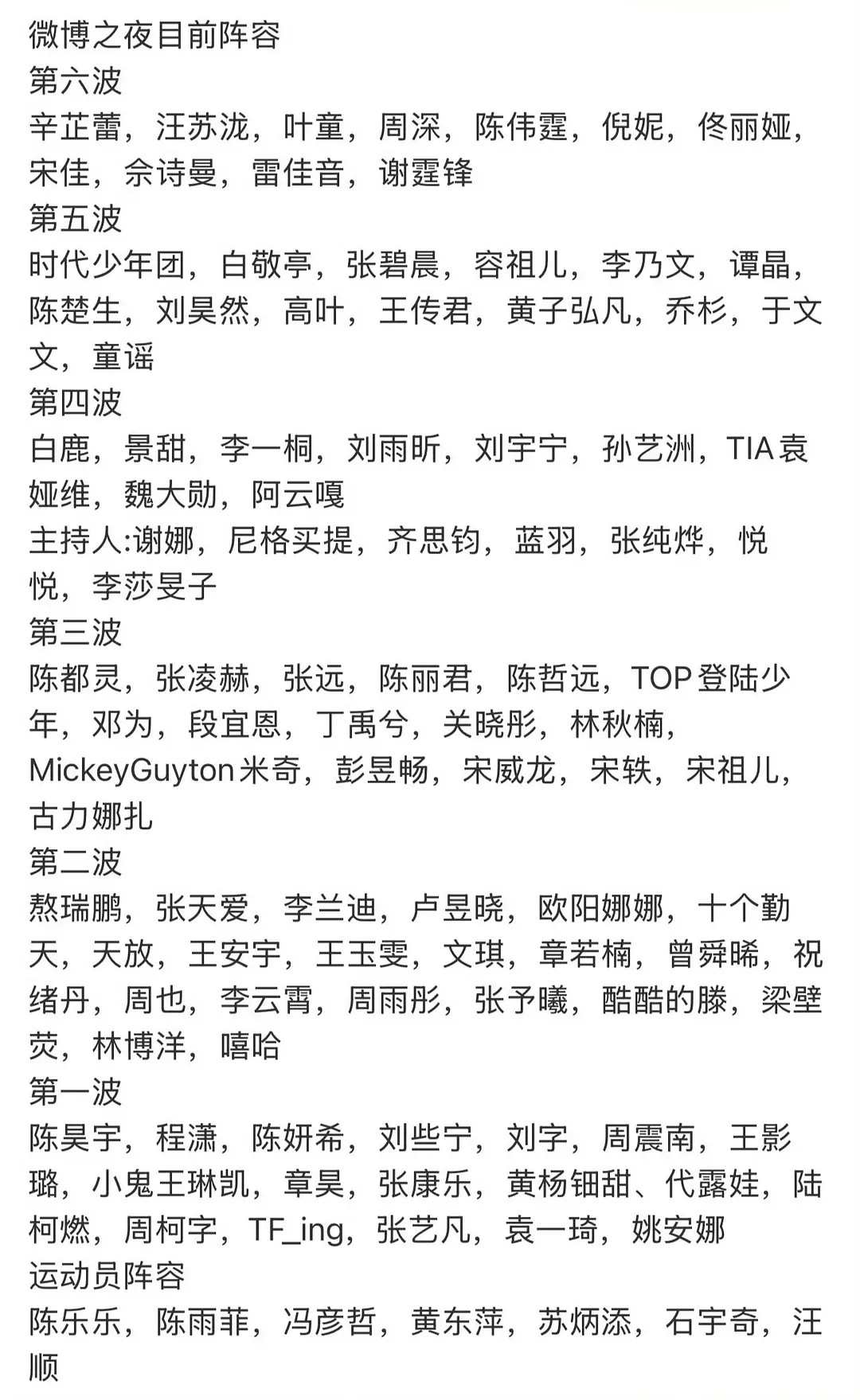 微博之夜都宣第六波人了，还没宣完，人还是多。微博之夜算是星光最盛的一场大型活动了