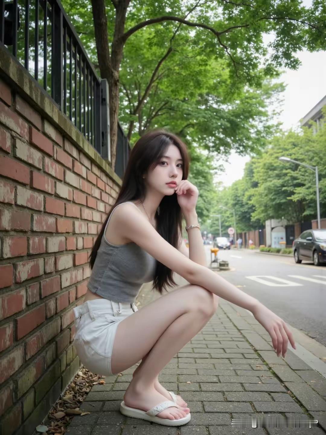 元气少女蹲墙边，清新自然，夏日气息扑面而来！🌞💦如何只用一个四字成语形容女人