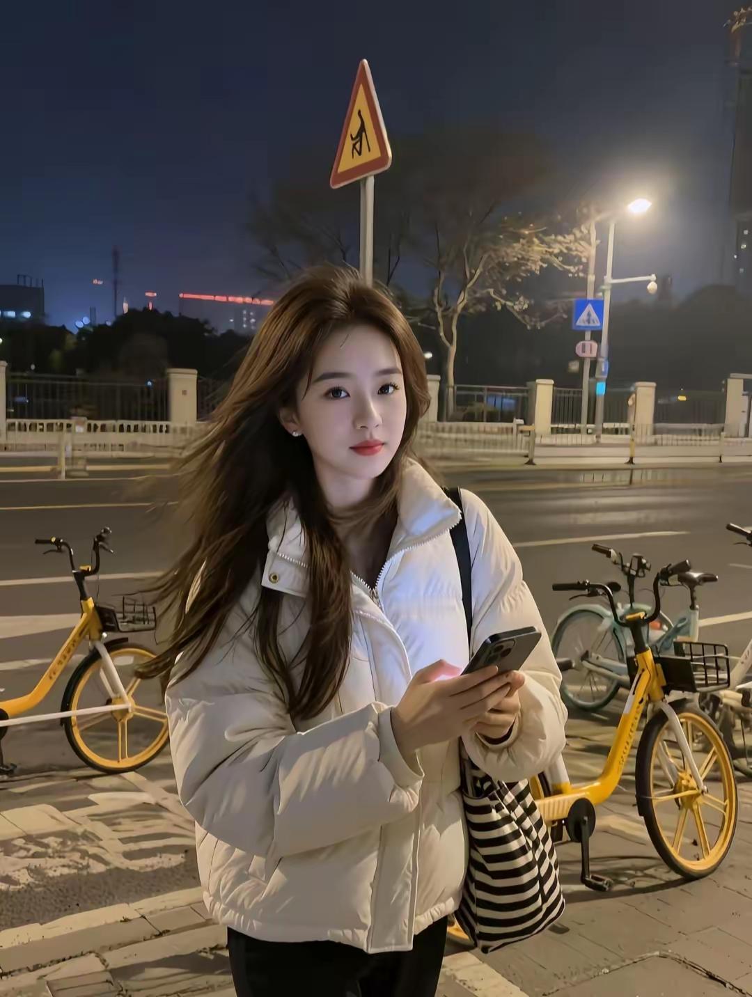 夜晚街头的少女，手机相伴，温暖如初。