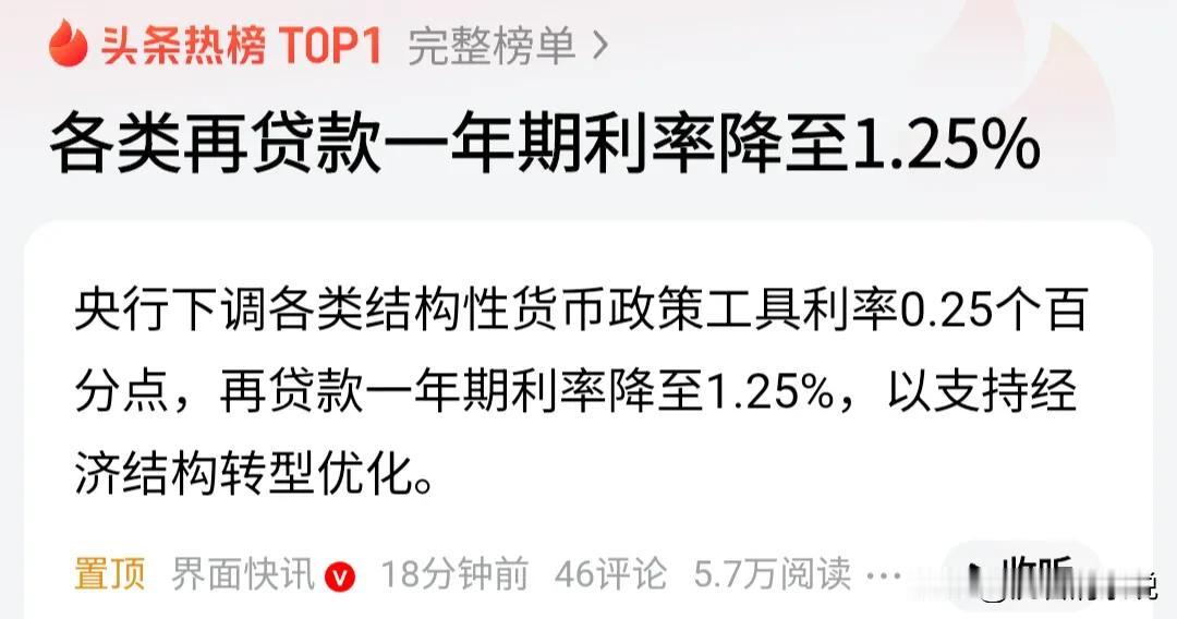 历史性低点！央行再贷款利率降至1.25%，真正的大招来了！这次定向“放水”精