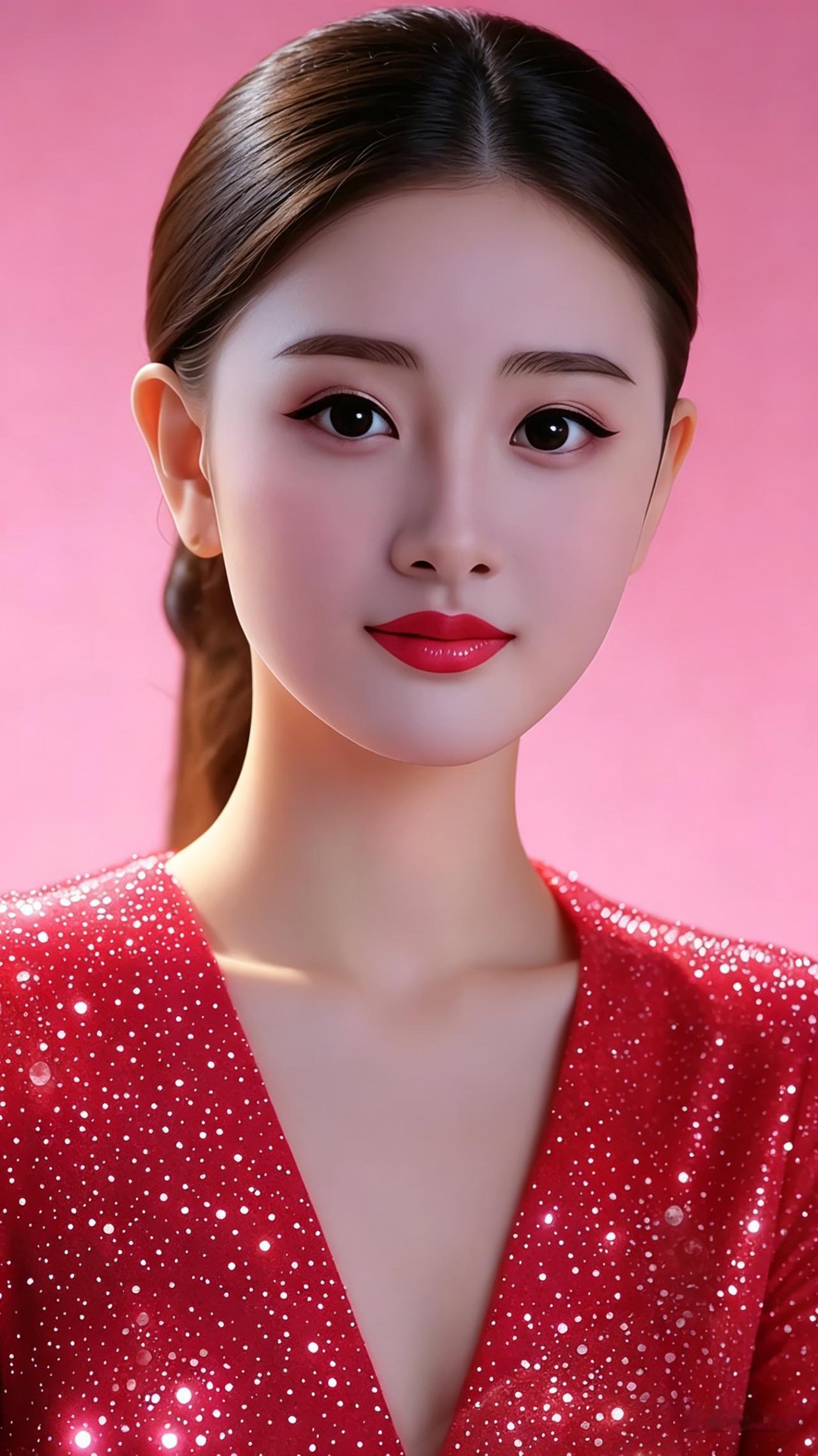 温柔气质美人身着细闪质感红色连衣裙，光泽细腻灵动。干净柔和的纯粉色渐变背景，柔光