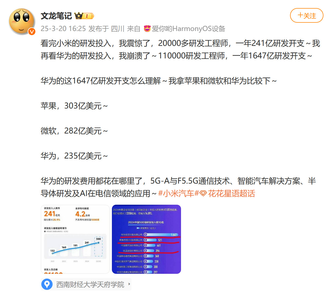 又开始对比华为和小米的研发投入了。还是拿官方财报数据说话吧。华为营收7041亿