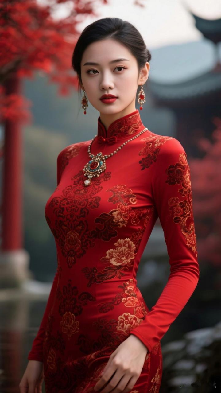 红衣鎏金纹，华饰流光缀颈间。她立红枫映古建前，眉眼温婉如诗，旗袍曲线恰合新春喜气