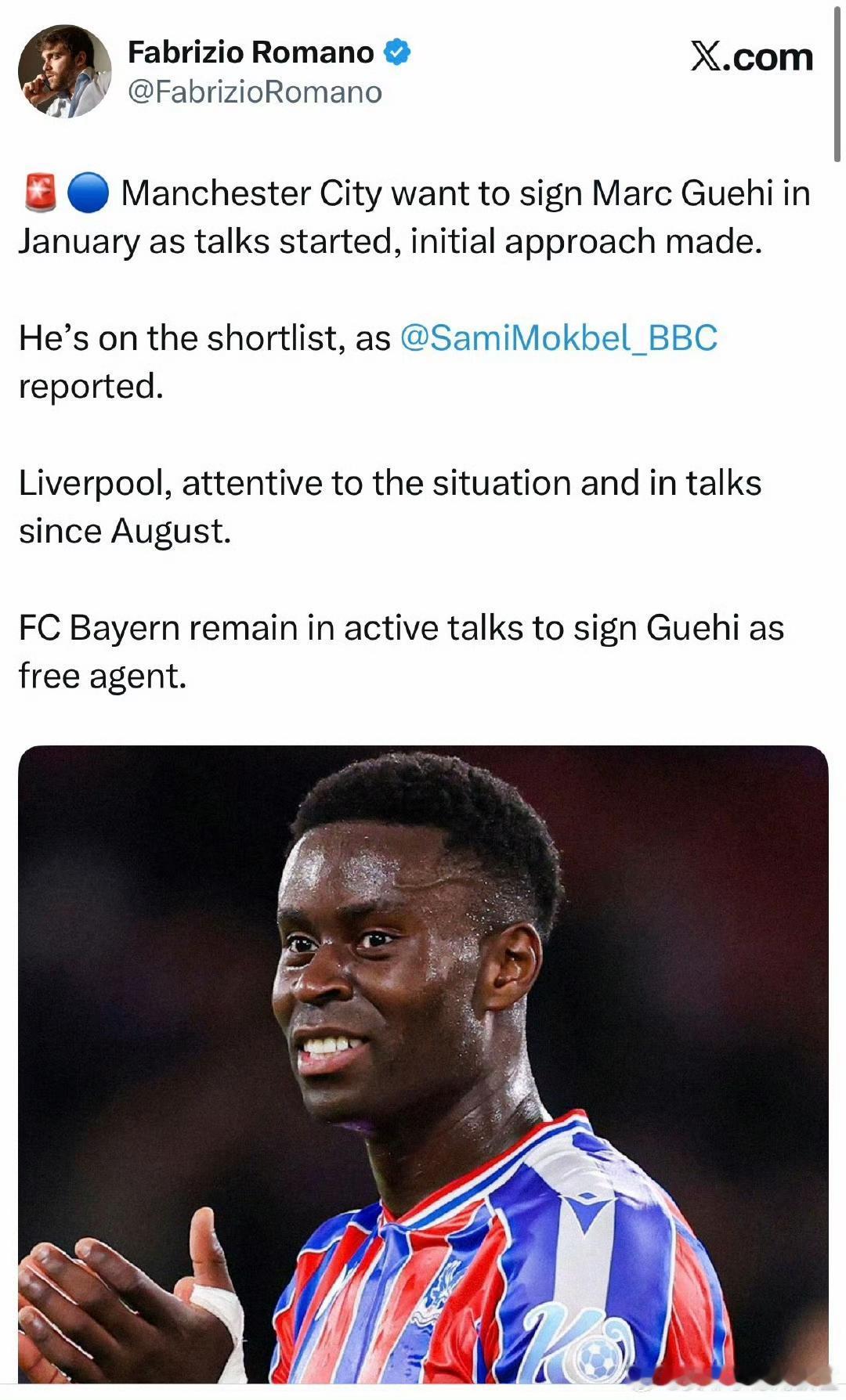 曼城最近伤了两个后卫，水晶宫开始坐地起价，格伊比去年夏天3500万英镑还高。