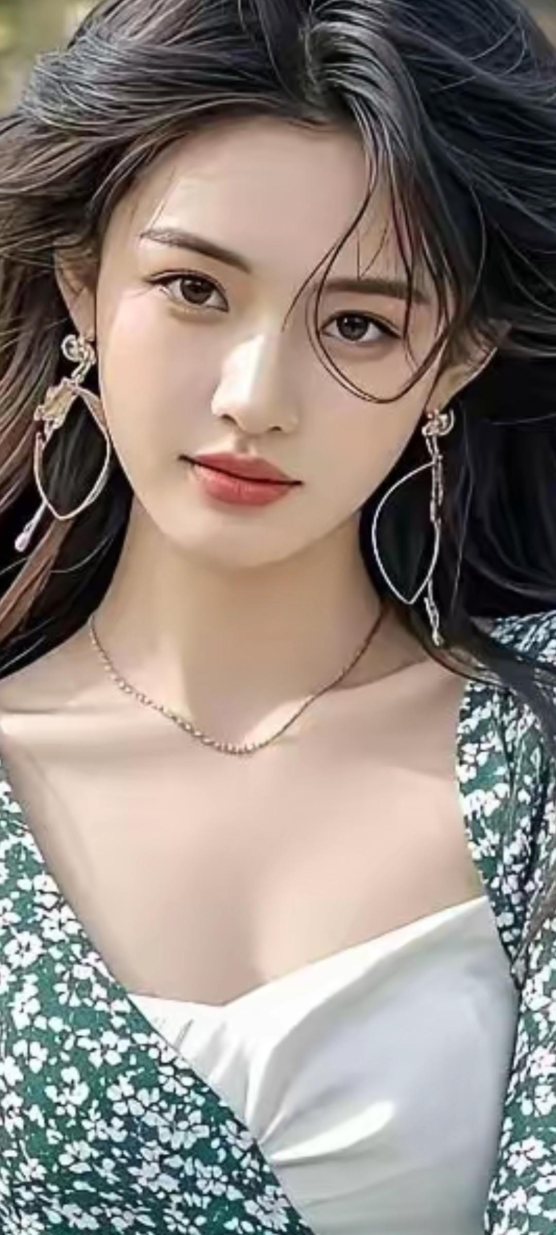 温柔甜美的女孩，大眼睛，长卷发，穿着时尚，气质出众。