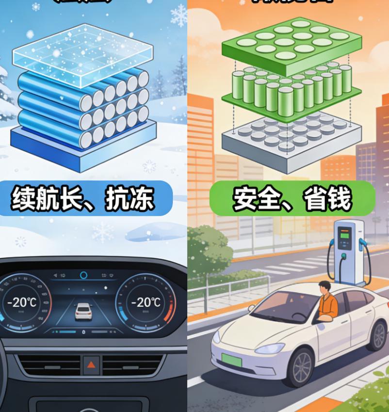 选电车电池，三元锂和磷酸铁锂怎么选？看完这张对比图就懂了👇简单来说，选电池不