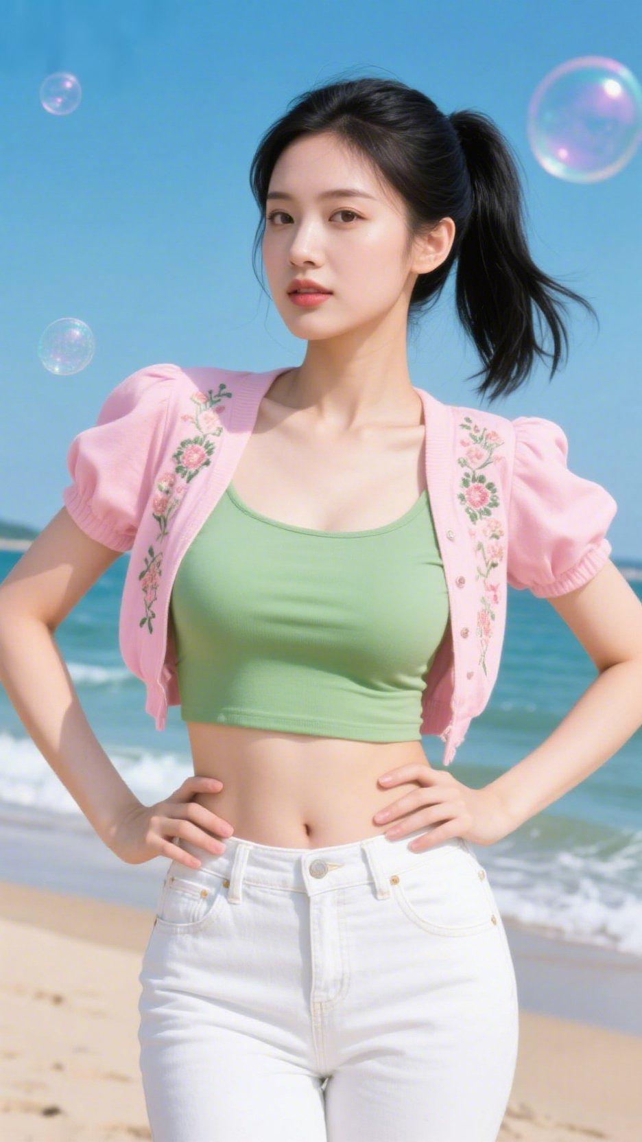 粉衫裹浪间清柔海风携泡泡软意漫过沙滩，她身上的粉衫似揉了夏樱的柔——绣花纹