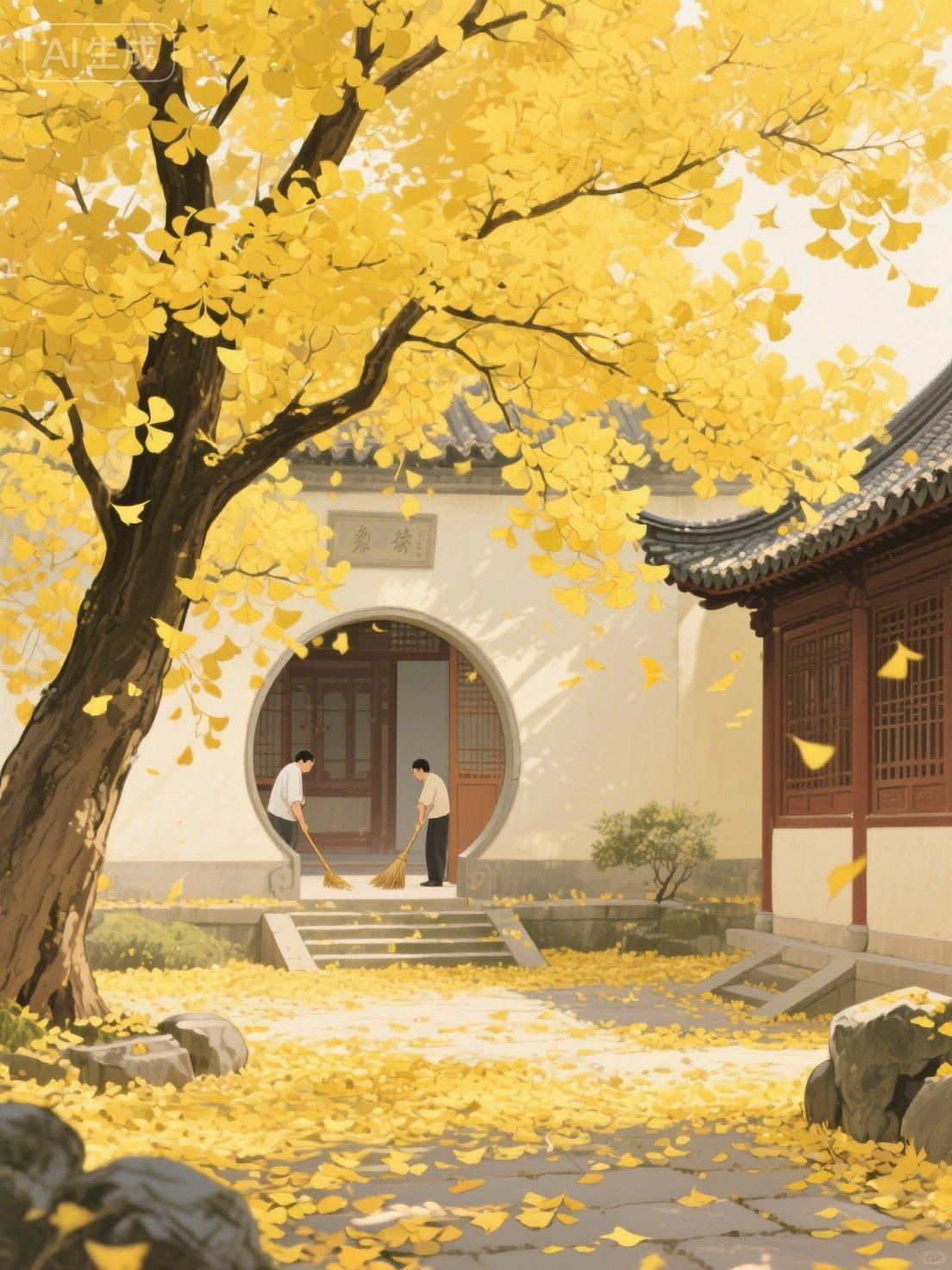 满庭银杏落金毡，古院圆门映素檐。帚起风轻黄叶舞，秋光偷驻旧庭前。