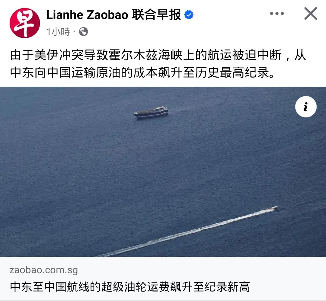 联合早报，越来越有三民自那味儿了！它说：“由于美伊冲突导致霍尔木兹海峡航运中