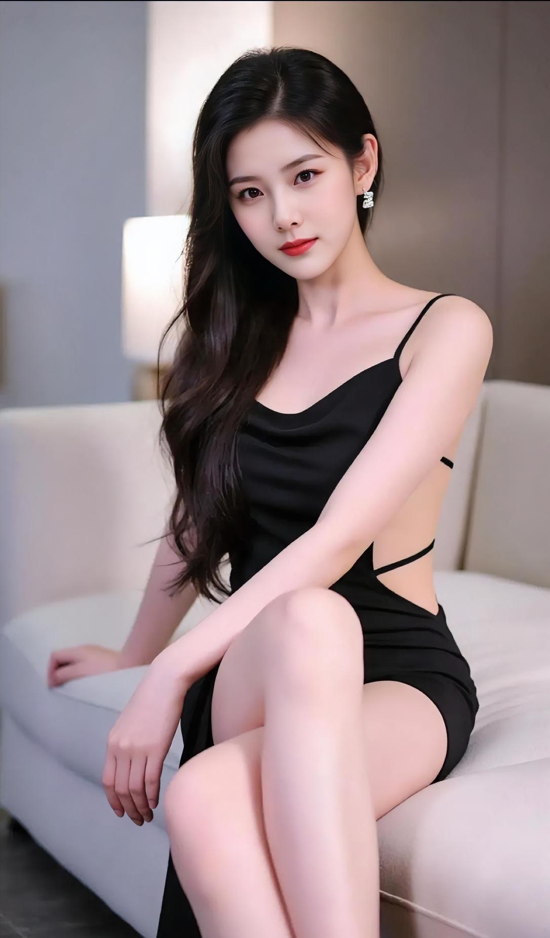 上阕黑裙垂落柔光，细带轻挽身旁。侧影倚着软白，发梢漫过肩章。