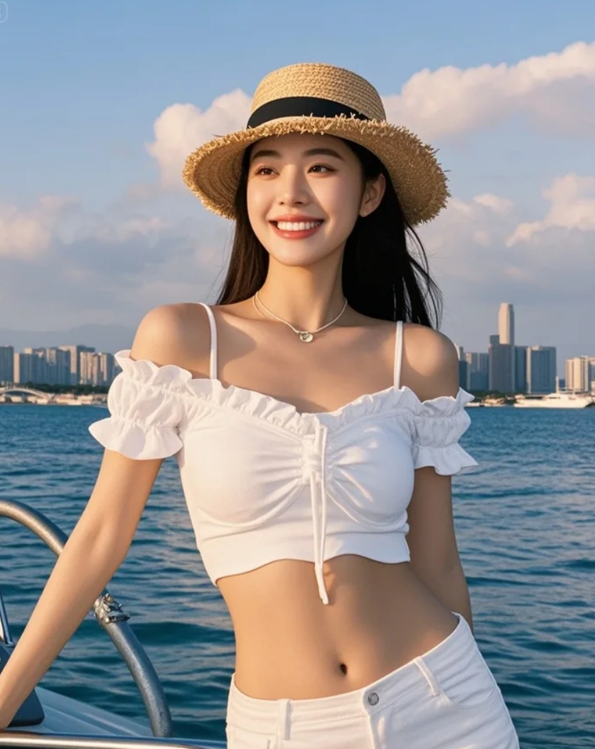 她站在阳光下，美得像一幅动人的风景画