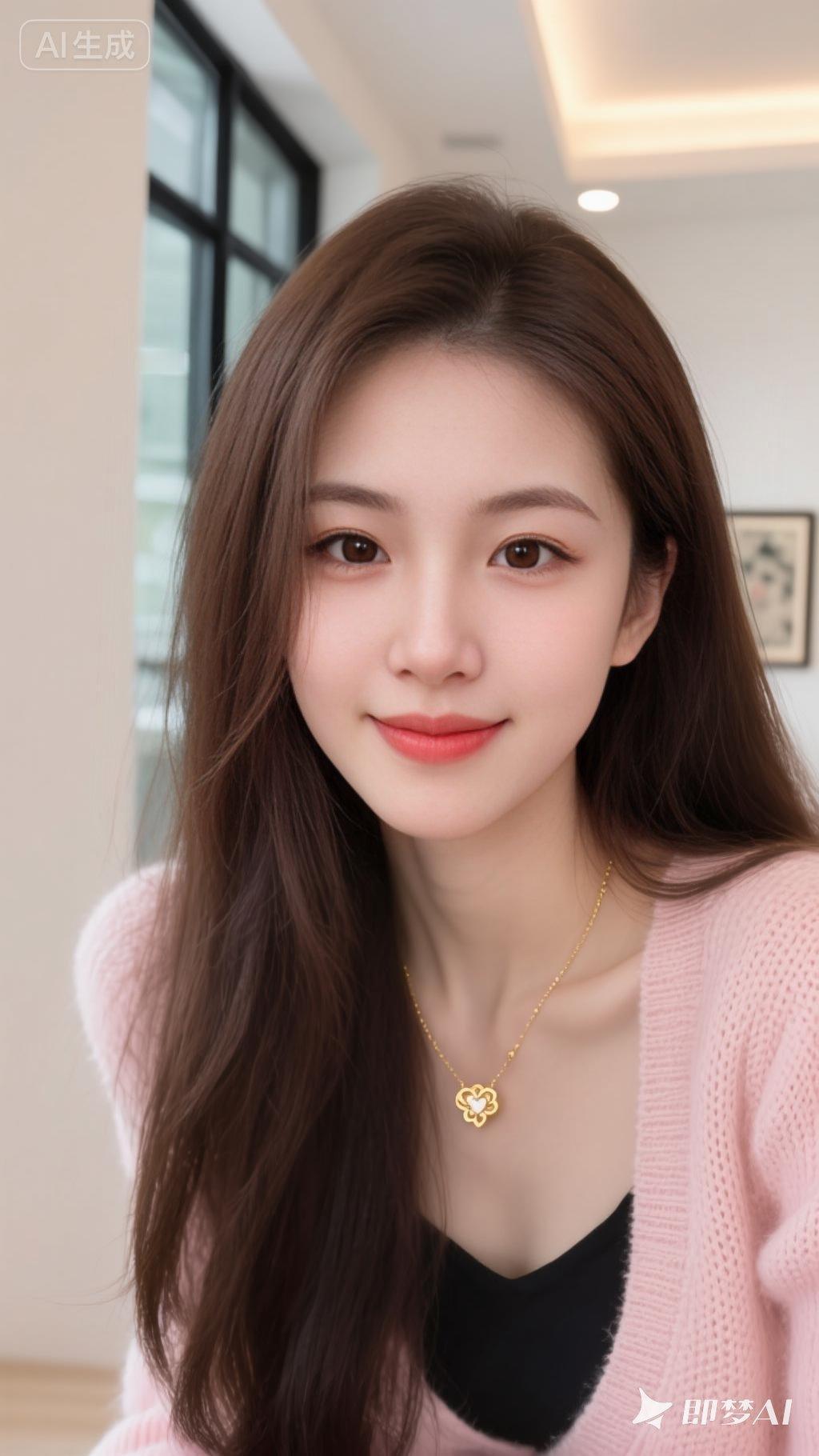 一位长发女性，她的深棕色头发自然垂落，部分发丝轻拂在脸颊旁。她穿着一件浅粉色的针