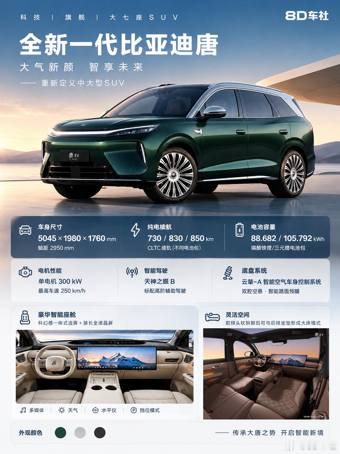 全新一代比亚迪唐EV内饰官图曝光，高级感拉满【车身尺寸】5045×1980×17