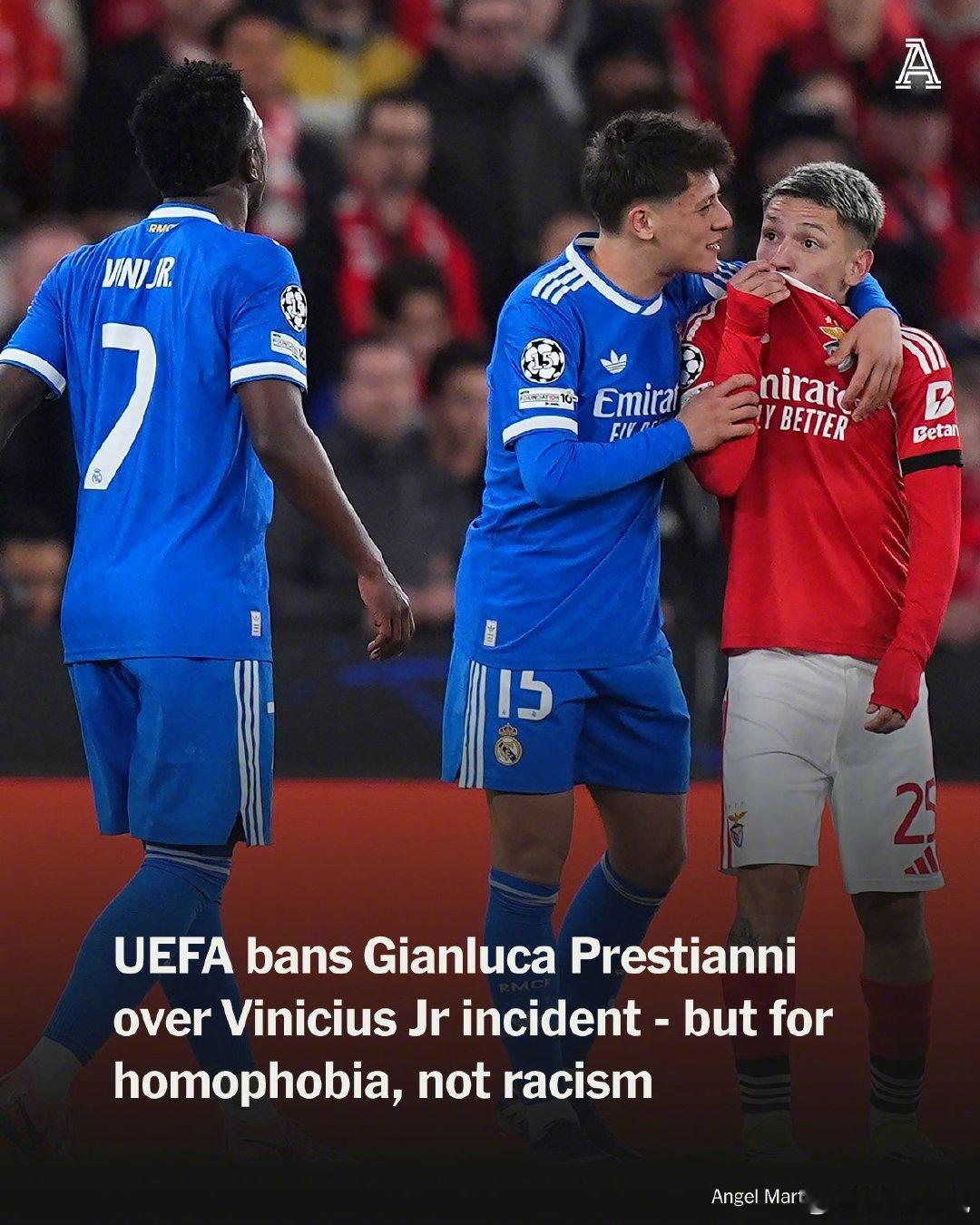 【官方】20岁的本菲卡球员普雷斯蒂安尼对皇马前锋维尼修斯发表恐同言论，违反了反歧