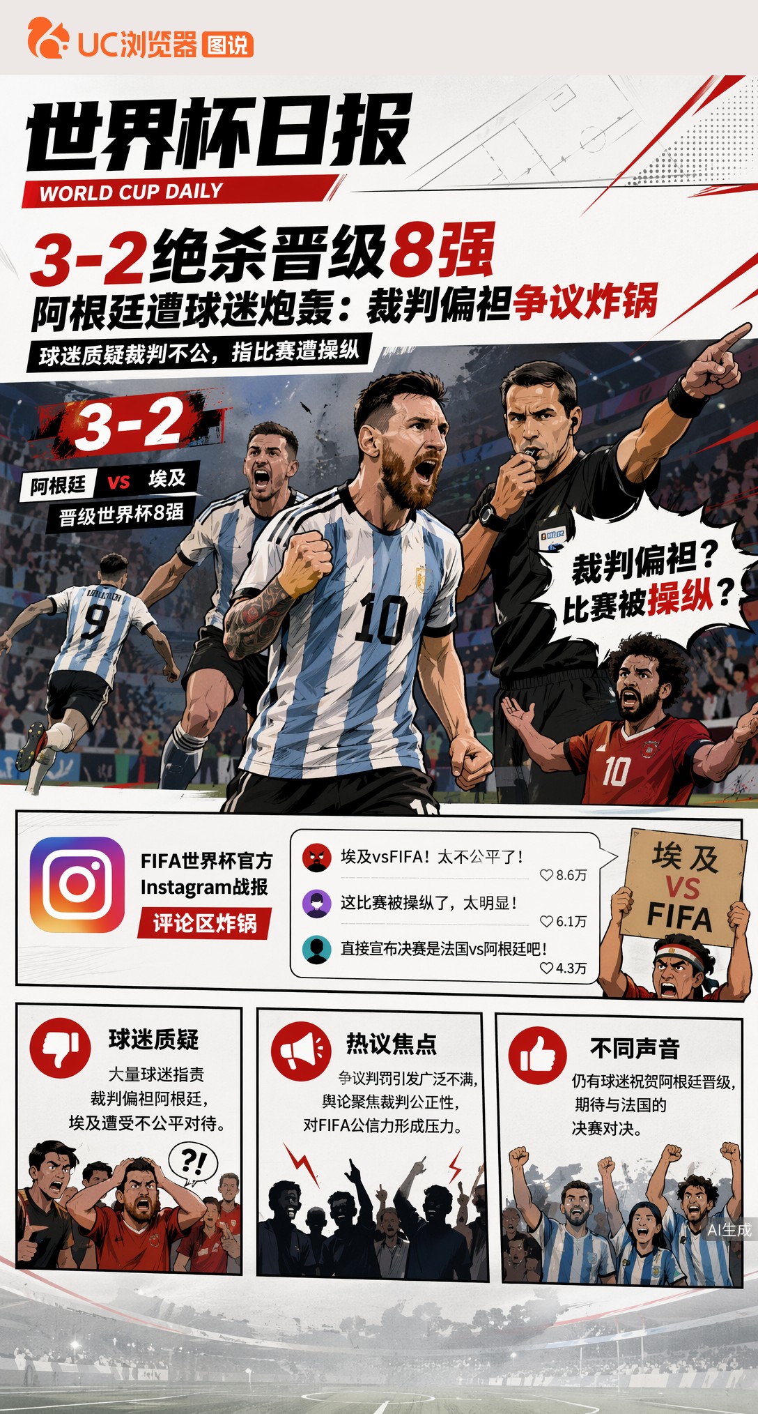 3-2绝杀晋级8强，阿根廷遭球迷炮轰：裁判偏袒争议炸锅