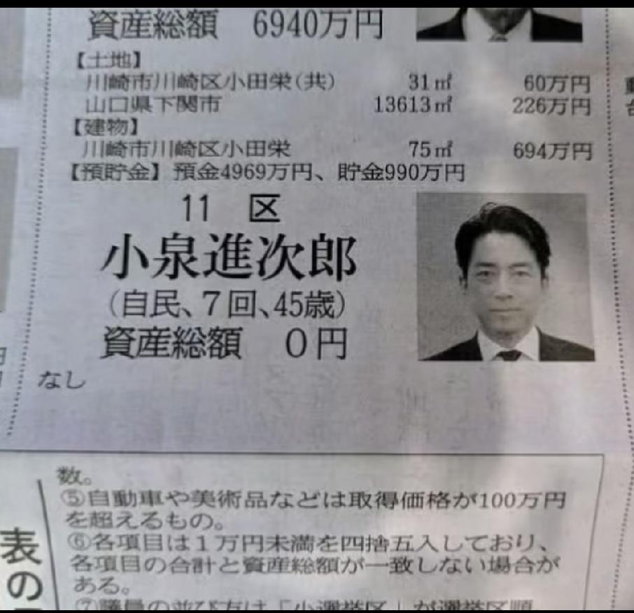 你敢信？堂堂日本内阁重臣、手握防卫大权的核心政客小泉进次郎，最新官方资产公示，竟