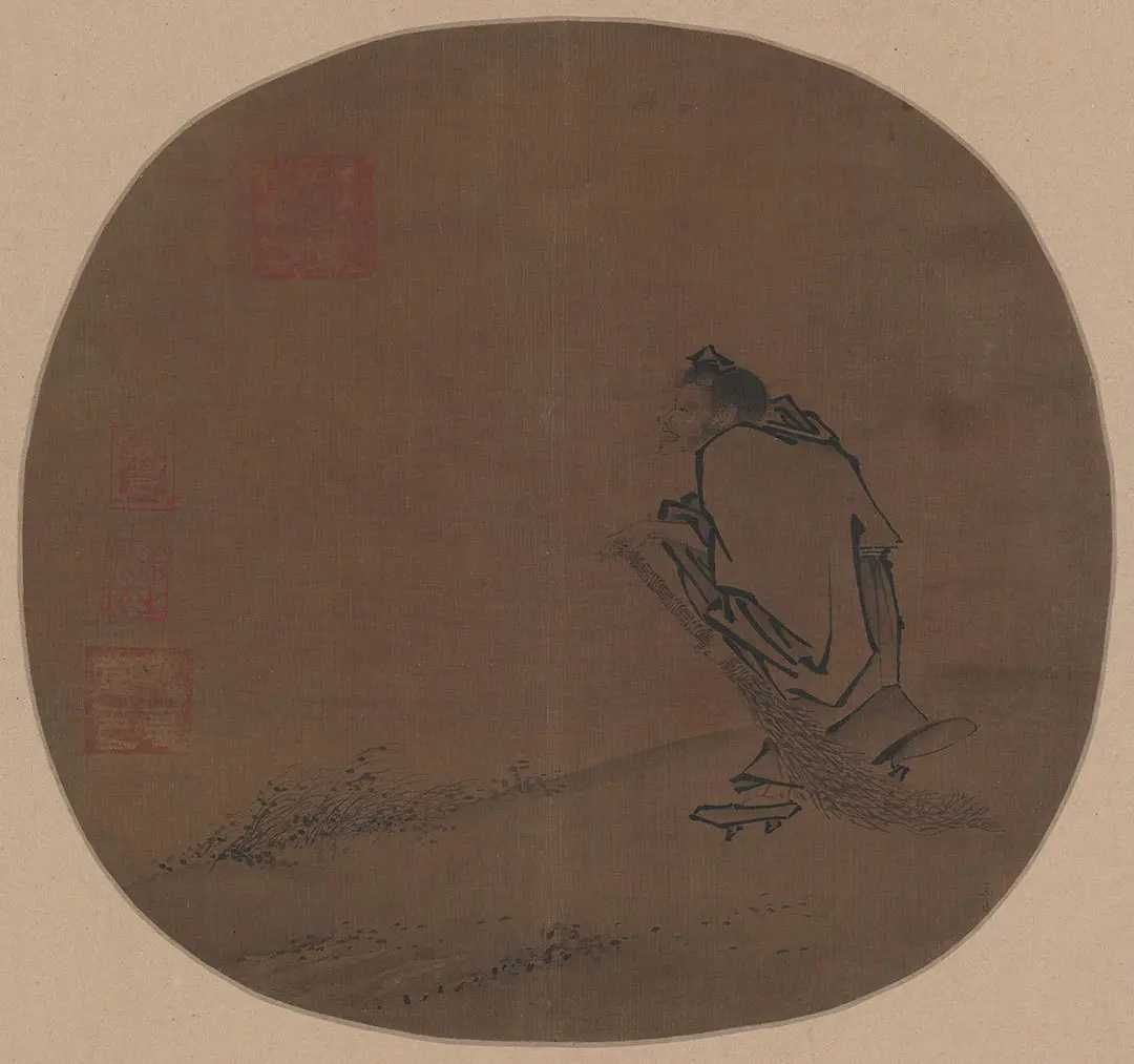 南宋马远《寒山子图》，高士侧坐荒坡，衣袍宽简，仰首向天，不语不动。四野空旷，唯几