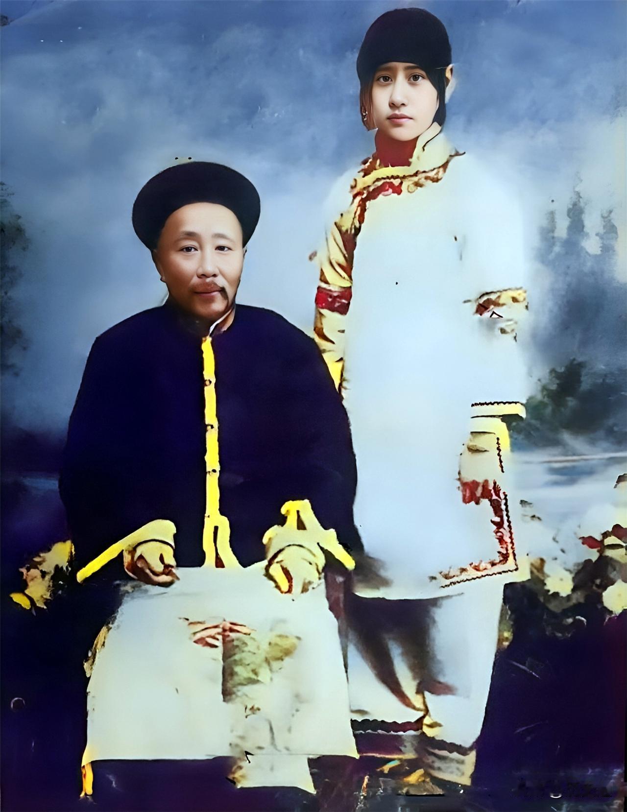这是安徽合肥李家李五爷李凤章与女儿李爱莲。女儿恭敬地侍立在父亲身边。李家也属于开