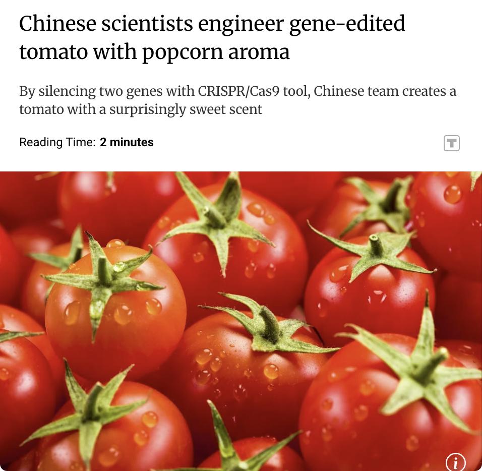 外媒：中国科学家利用CRISPR/Cas9基因编辑技术，成功培育出带有爆米花香味