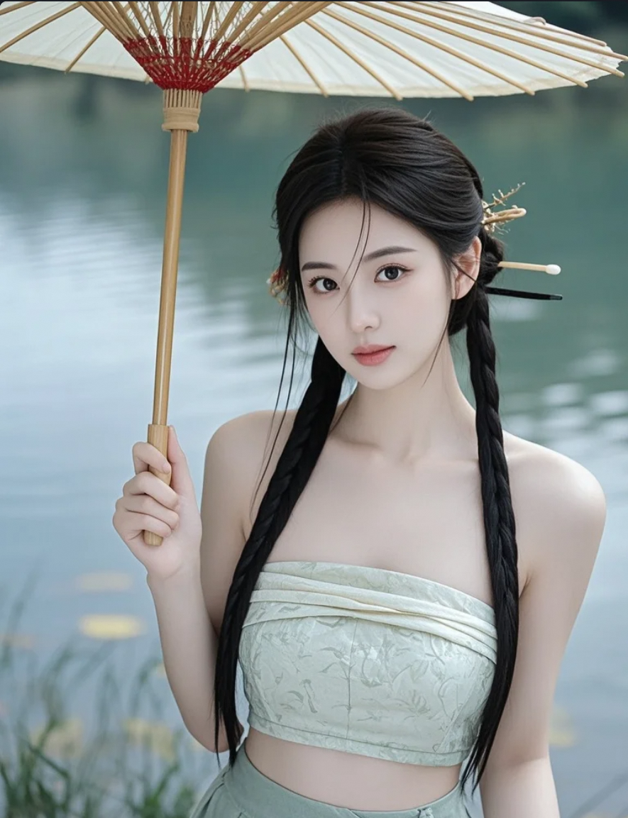 湖边撑伞的小姐姐，你会喜欢吗？