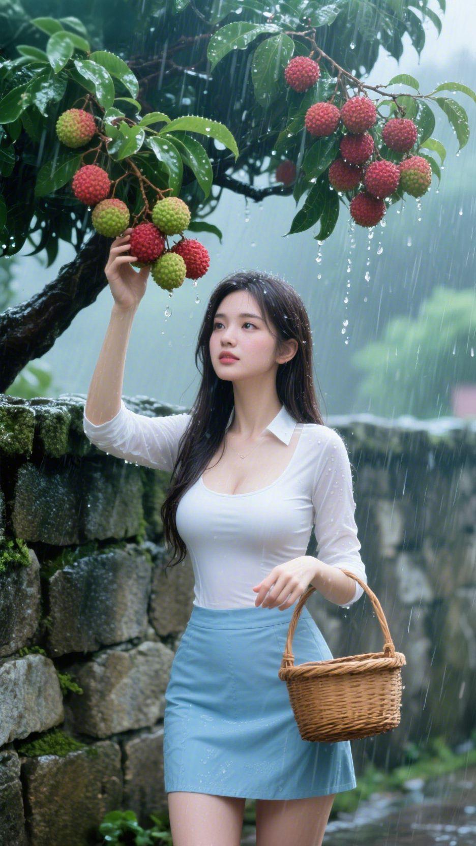 雨撷荔枝品清甜细雨敲打着荔枝叶，水珠顺着红彤的果壳滚落，青石墙旁的身影抬手