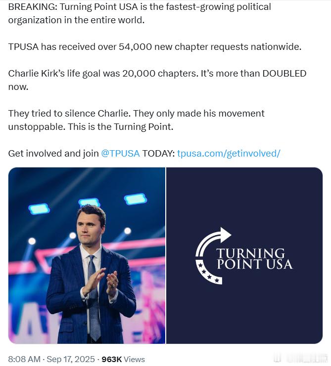 “美国转折点”（TPUSA）是全世界发展最快的政冶组织。TPUSA在全美收到了