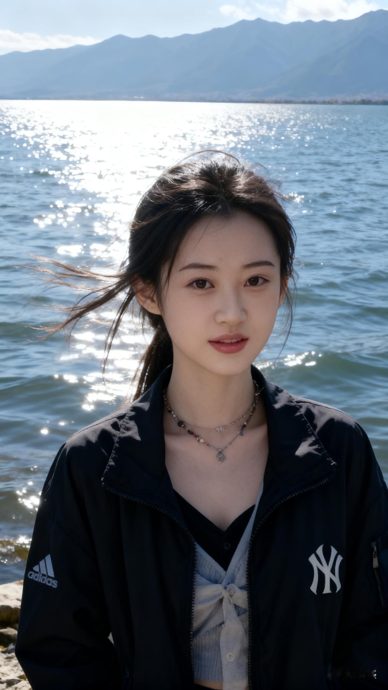 阳光下的少女，湖畔的温柔时光🌞💙