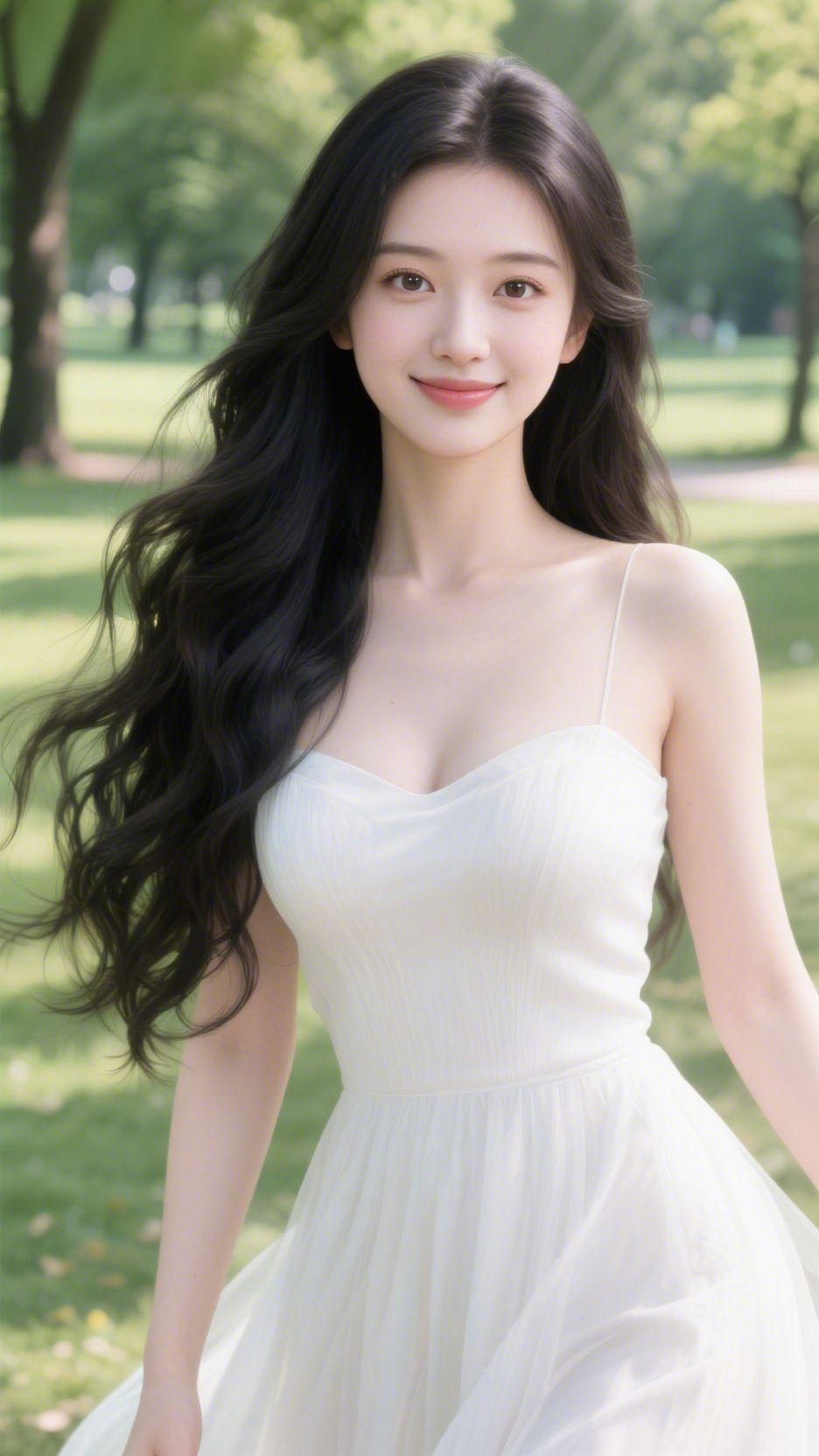 白裙轻扬沐春光绿意盎然的公园里，阳光穿过枝叶织就细碎的光斑，白裙如云朵般轻