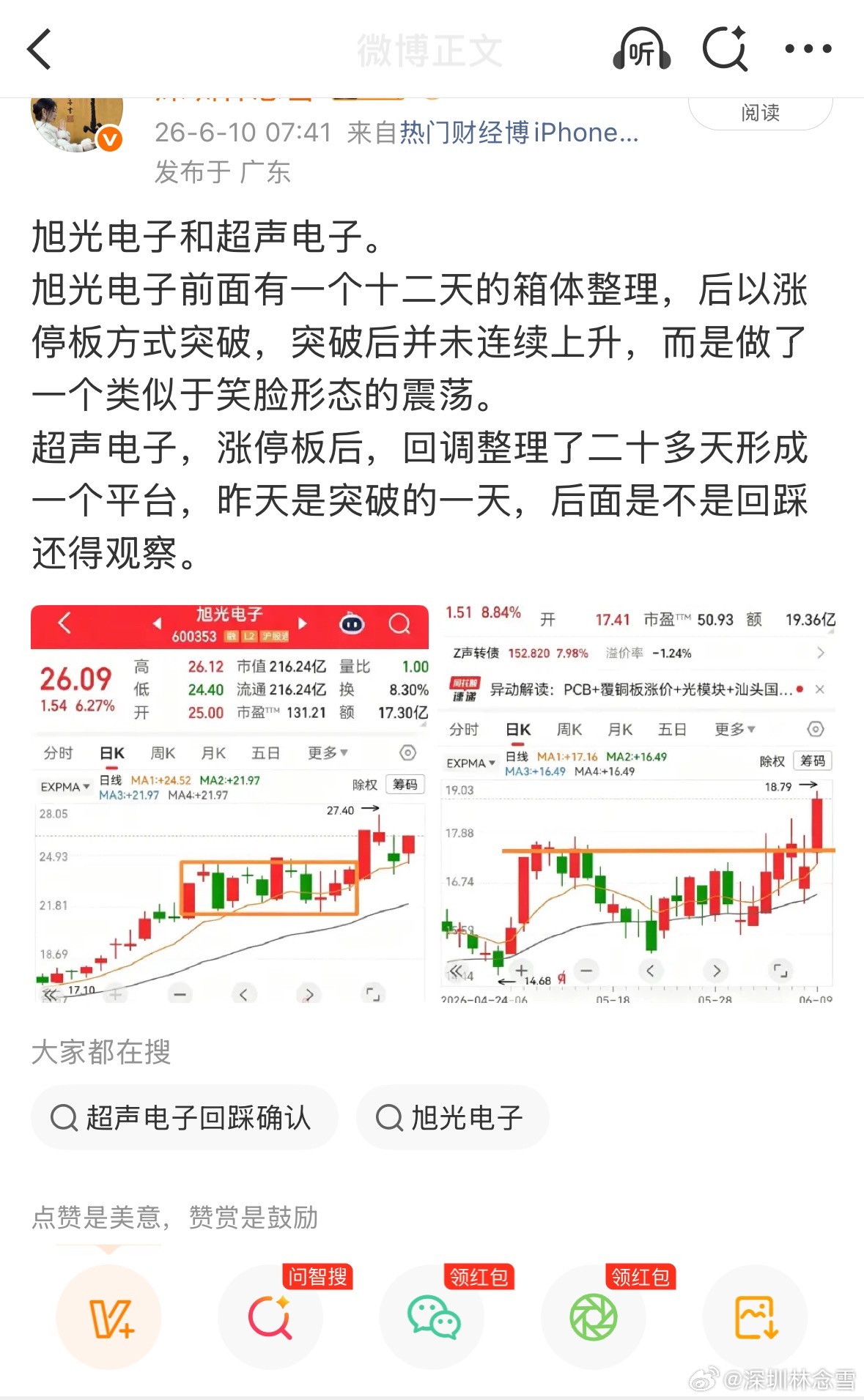 旭光电子，不知不觉已经走过五连板，股价达到四五十块。此股前面走势颇耐人寻味，你看