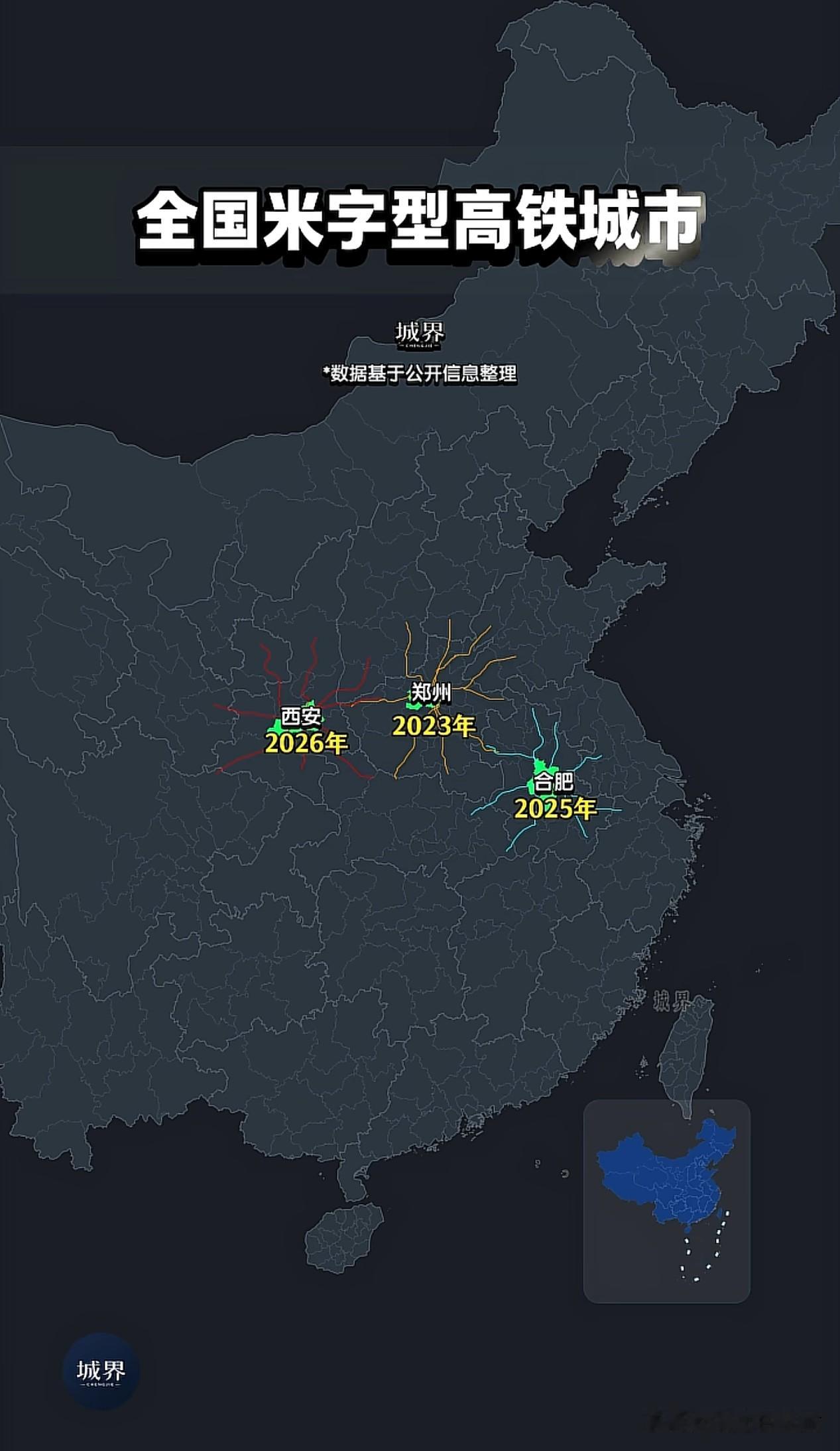 米字型高铁枢纽城市，西安2026年正式入局！什么是米字型高铁？简单说，就是八个方向都通高铁，线路交织