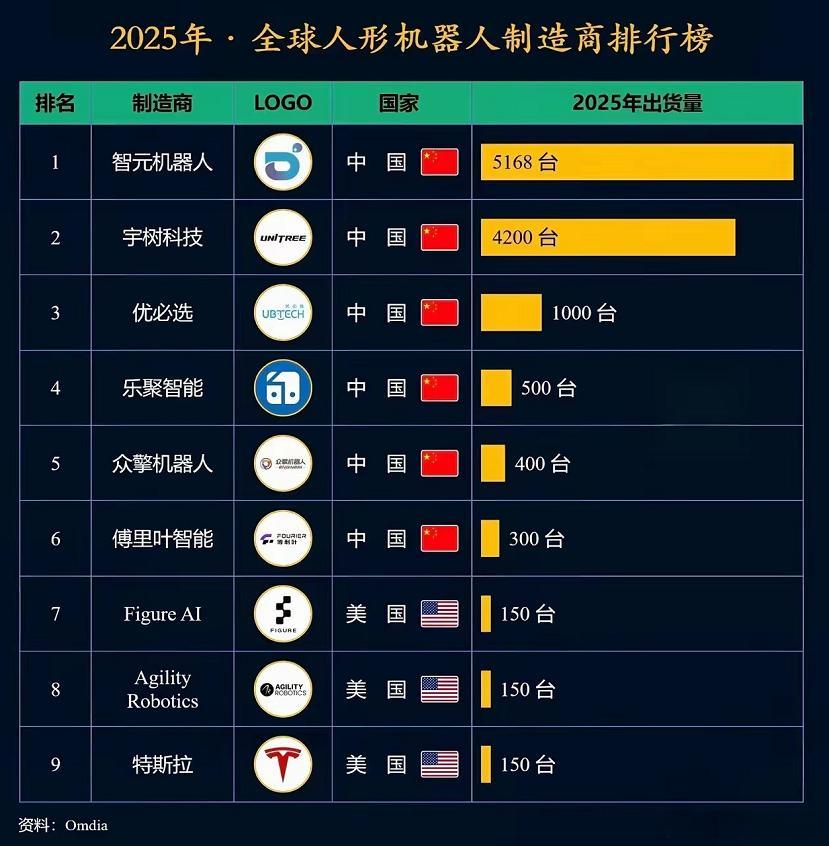 2025全球人形机器人﻿出货量排名：