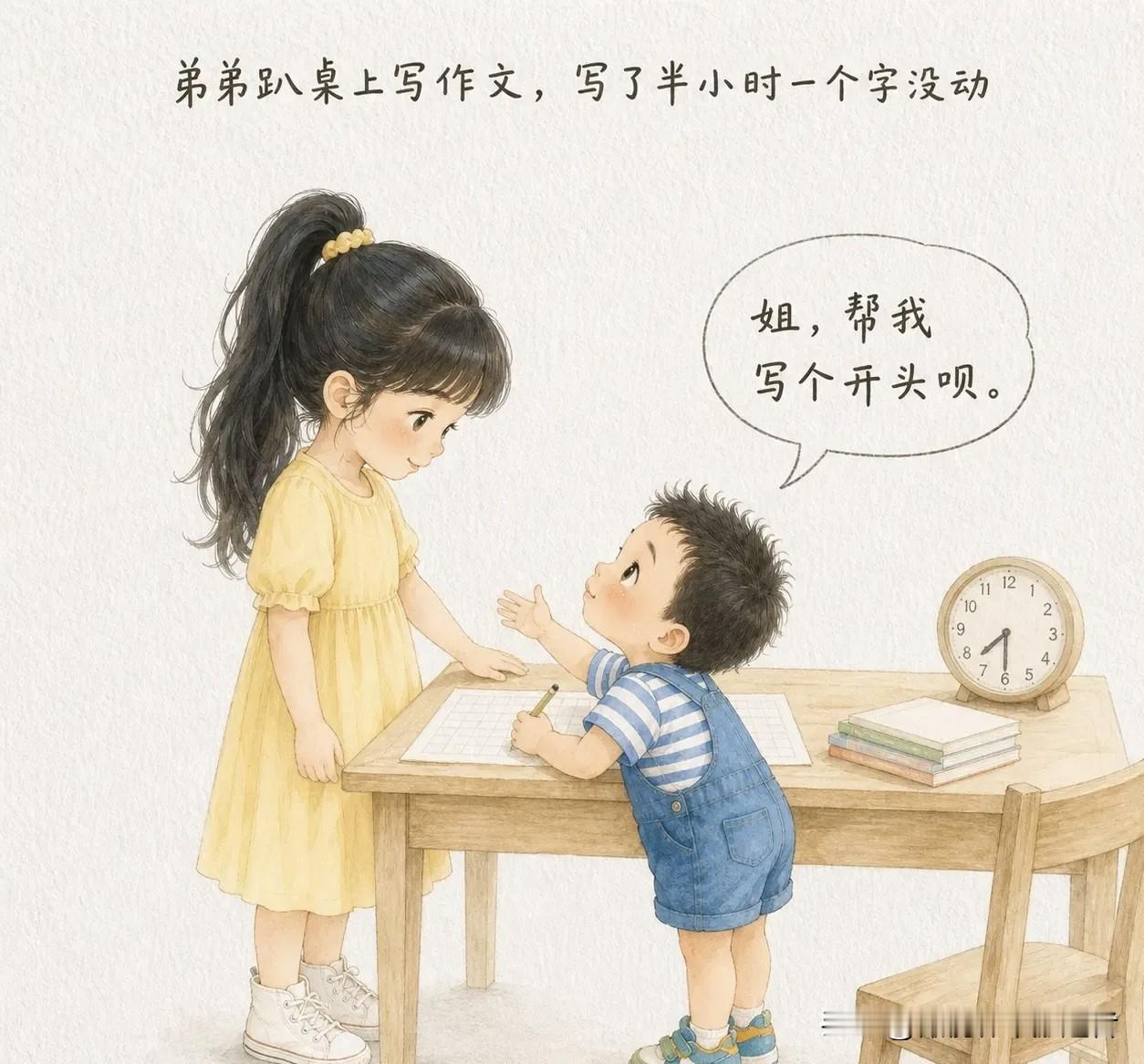 趣味漫画：弟弟趴桌上写作文，写了半小时一个字没动。弟弟：“姐，帮我写个开头呗。”