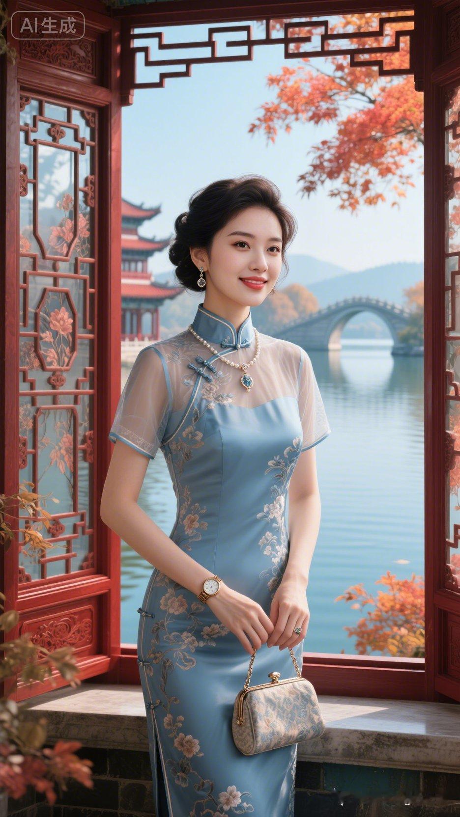 秋日游园，旗袍美人与古桥相伴，尽显东方韵味。