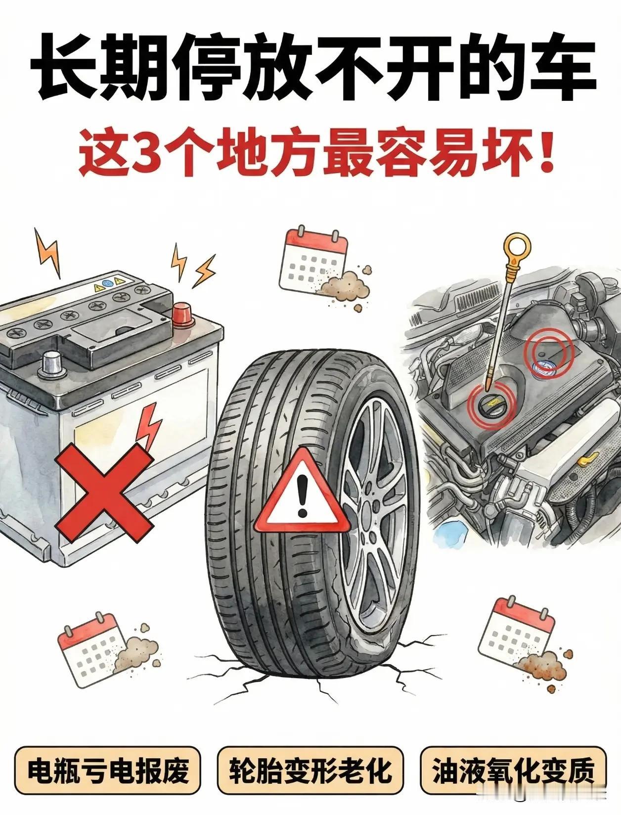 汽车停一周不开，伤得最狠的不是电瓶，而是这个部件。不少车主临时出差、返乡探亲