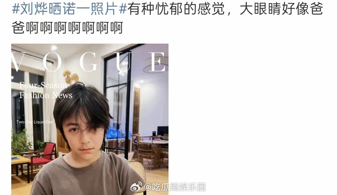 刘烨晒儿子正面照，诺一长发遮住半只眼，等比例长大，帅成美少年！​​​