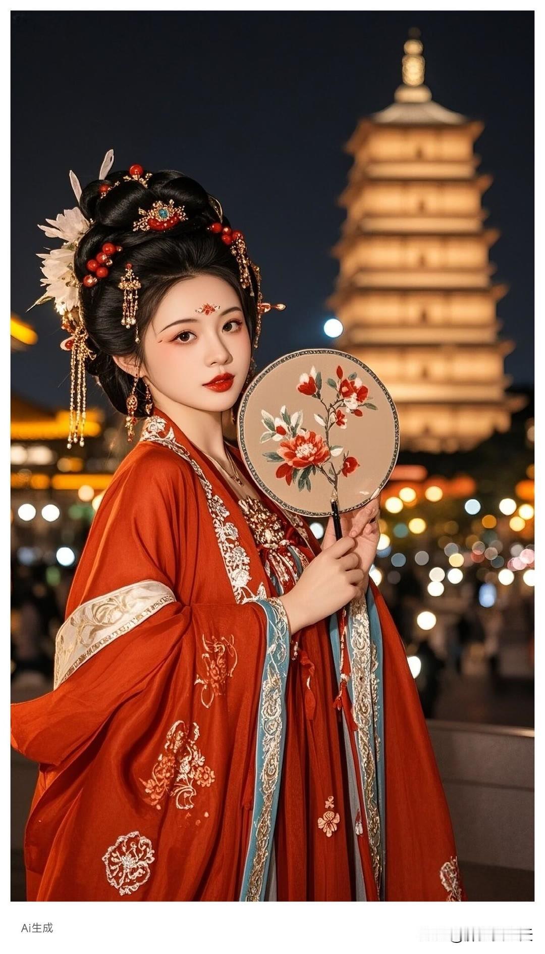 夜色为笺，灯火作墨，她着一身唐红，在大雁塔下，写就一场关于古今的重逢，让汉服的韵