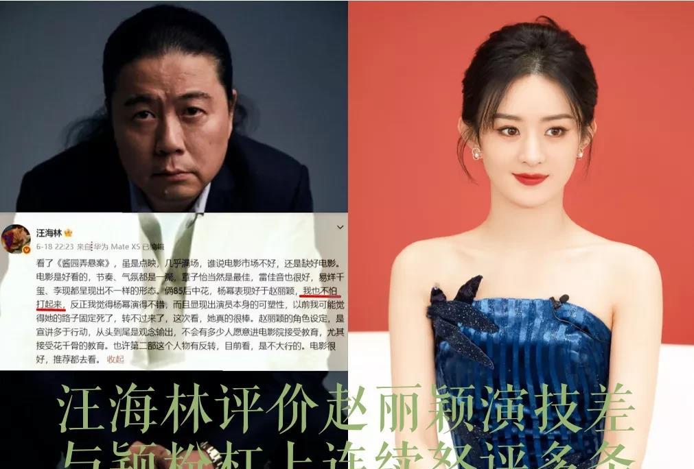 汪海林，胆子大，敢说丽颖演技差，遇到颖粉来围骂，怒评多条全不怕。曾言杨幂惊一